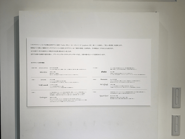 カリグラフィー書体の種類や歴史を紹介するパネル